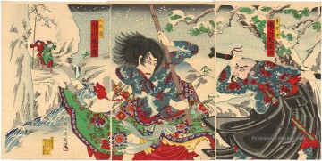 Un combat entre Rochishin et Kyumonryo dans un jeu sur le stade Kabuki Toyohara Chikanobu Peinture à l'huile